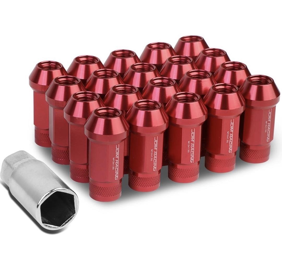 20Pcs M12 x 1.5 Open End Style Wheel Lug Nuts w/Deep Drive Extension Adapter, 25mm OD/50mm H, Red