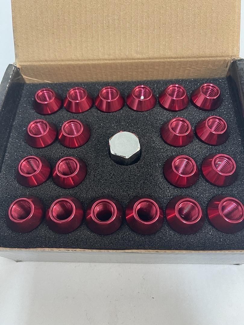 20Pcs M12 x 1.5 Open End Style Wheel Lug Nuts w/Deep Drive Extension Adapter, 25mm OD/50mm H, Red