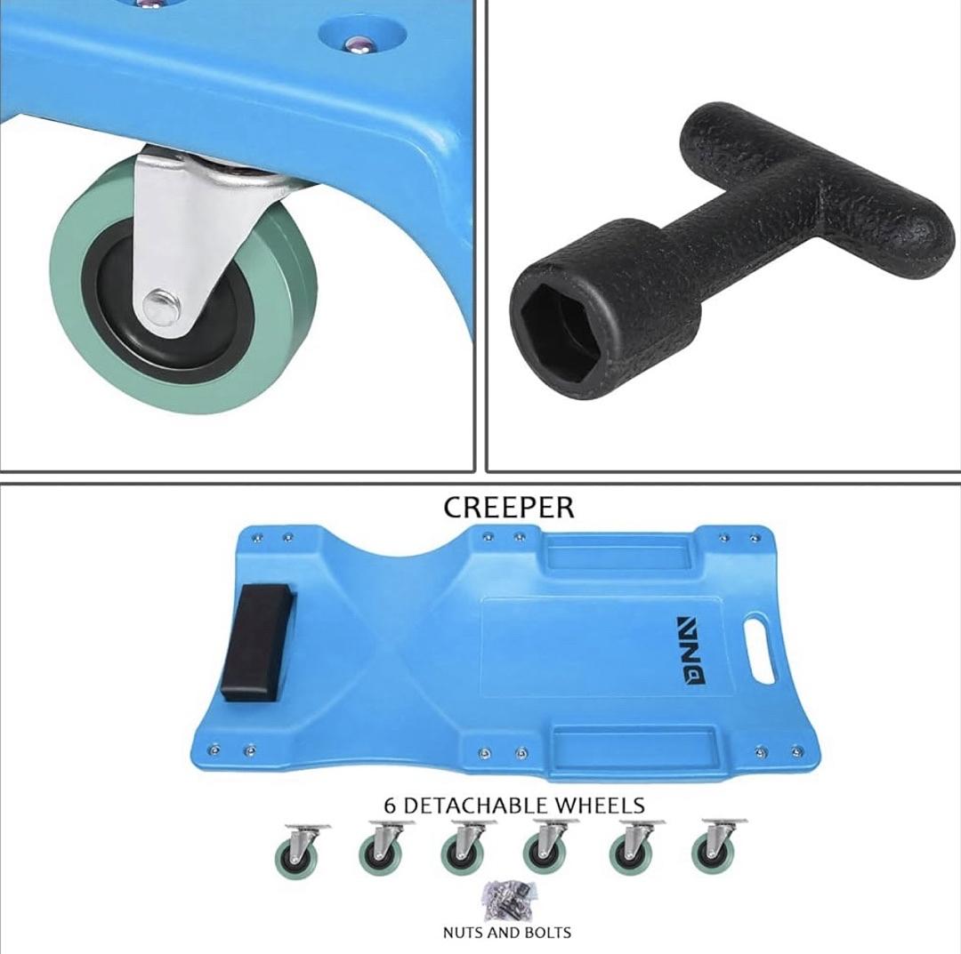 TOOLS-00217 Low Profile Plastic Rolling Garage Shop Creeper with Padded Headrest,Tool Trays & 6pcs Casters,Blue