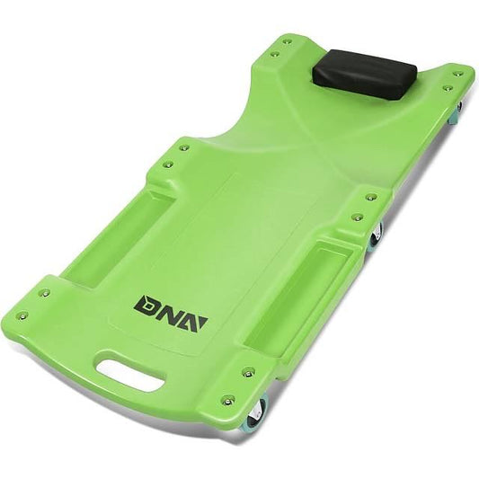 All hardware and wheels missing TOOLS-00218 Low Profile Plastic Green Rolling Garage Shop Creeper with Padded Headrest Tool Trays