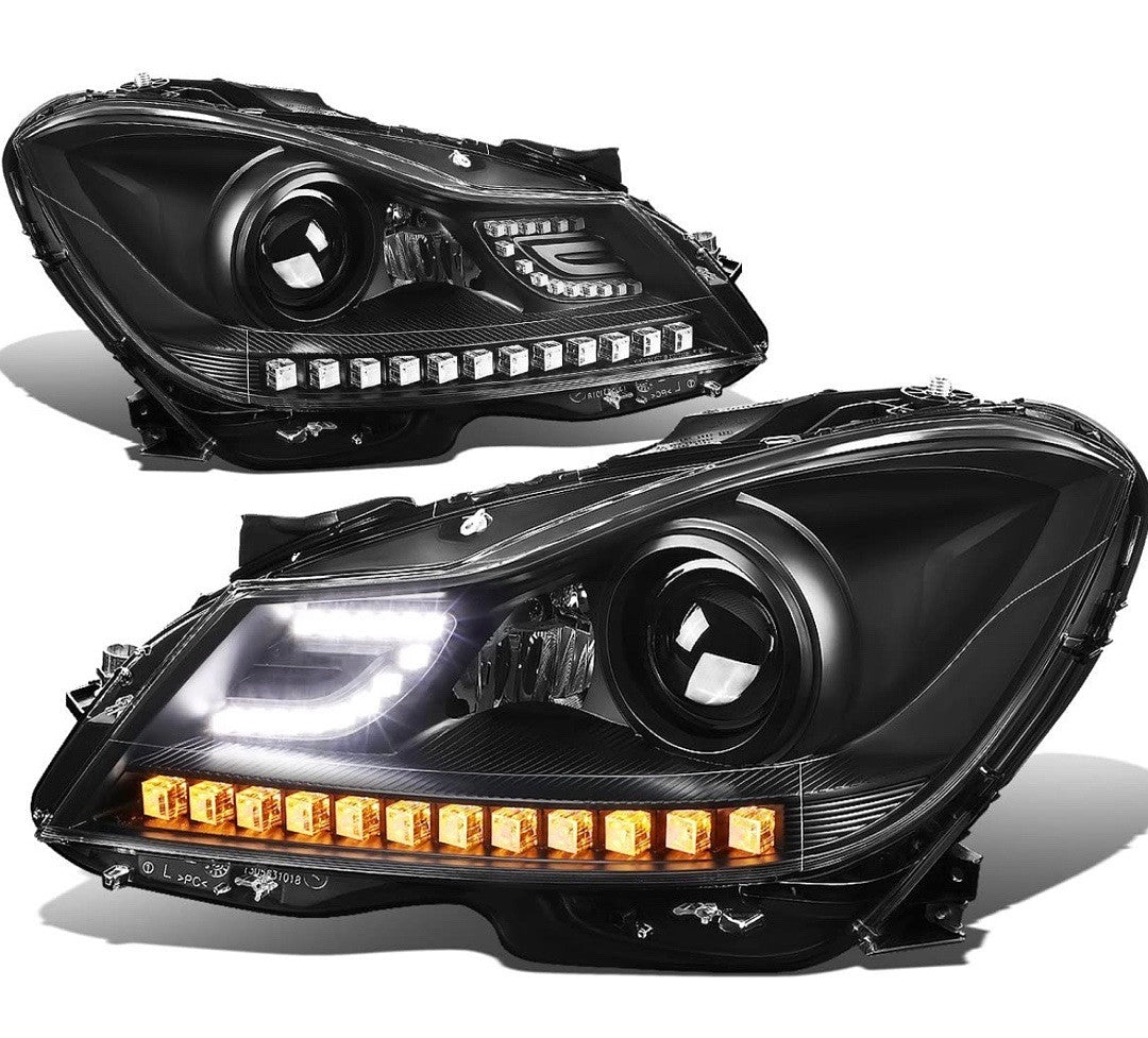 12-15 MERCEDES C180 C250 C300 C350 C63 Black HOUSING AND CLEAR DRL LED PROJECTER HEADLIGHTS
