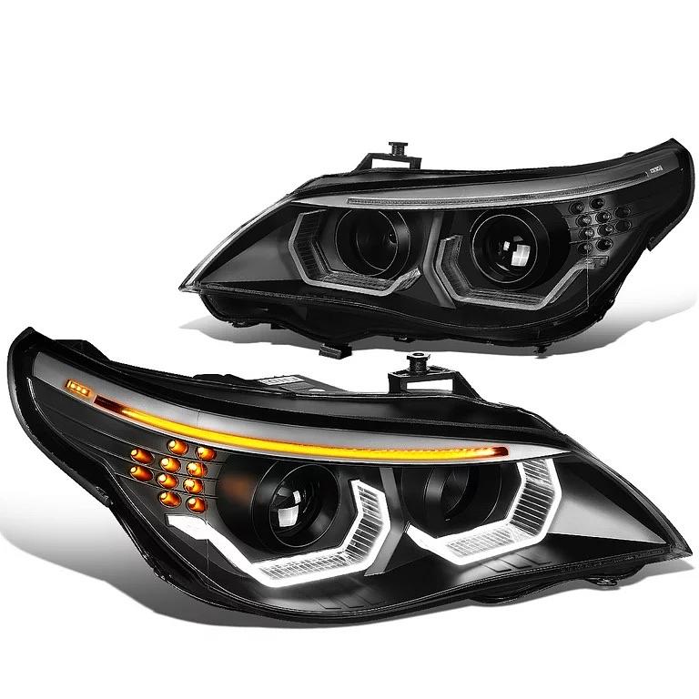 For 2008 to 2010 BMW E60 528I 535I 550I M5 w/o AFS Pair Black Housing Dual 3D Crystal LED U-Halo+Turn Signal Porjector HID Headlight Lamps 09
