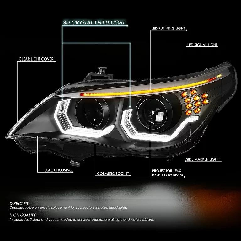 For 2008 to 2010 BMW E60 528I 535I 550I M5 w/o AFS Pair Black Housing Dual 3D Crystal LED U-Halo+Turn Signal Porjector HID Headlight Lamps 09