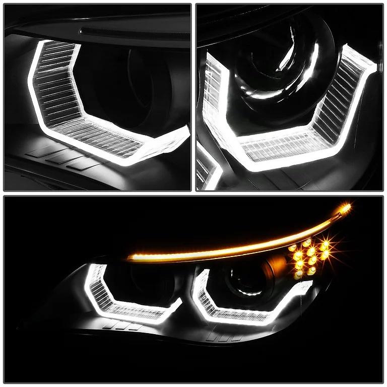 For 2008 to 2010 BMW E60 528I 535I 550I M5 w/o AFS Pair Black Housing Dual 3D Crystal LED U-Halo+Turn Signal Porjector HID Headlight Lamps 09