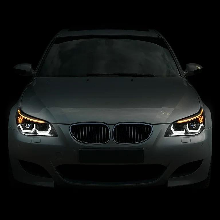 For 2008 to 2010 BMW E60 528I 535I 550I M5 w/o AFS Pair Black Housing Dual 3D Crystal LED U-Halo+Turn Signal Porjector HID Headlight Lamps 09