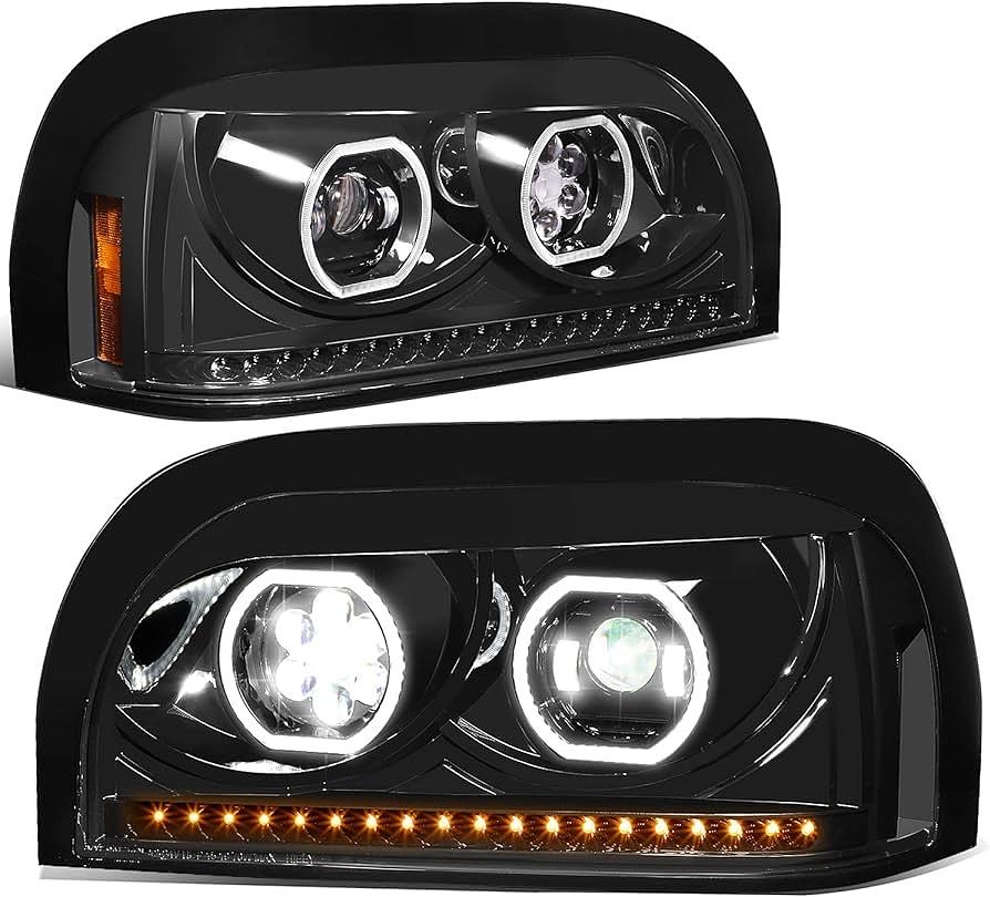 Black Amber Sequential Chase Turn Signal Headlights w/Dual LED Halo DRL Compatible with 96-10 Freightliner Century, Left & Right Side