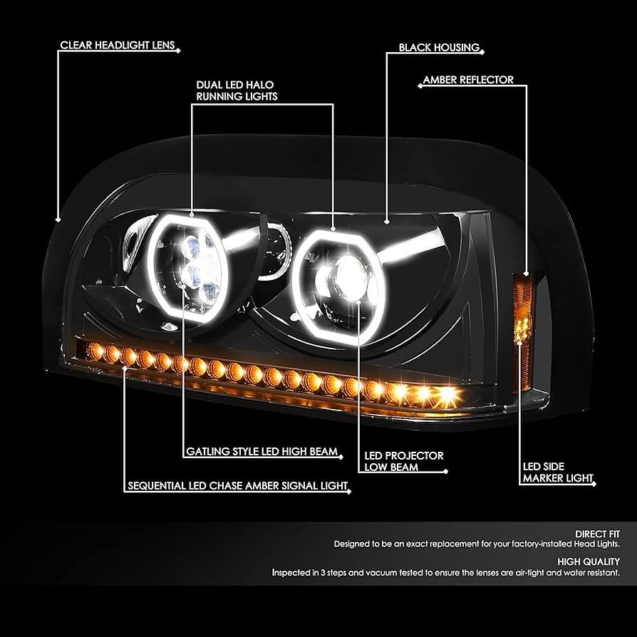 Black Amber Sequential Chase Turn Signal Headlights w/Dual LED Halo DRL Compatible with 96-10 Freightliner Century, Left & Right Side