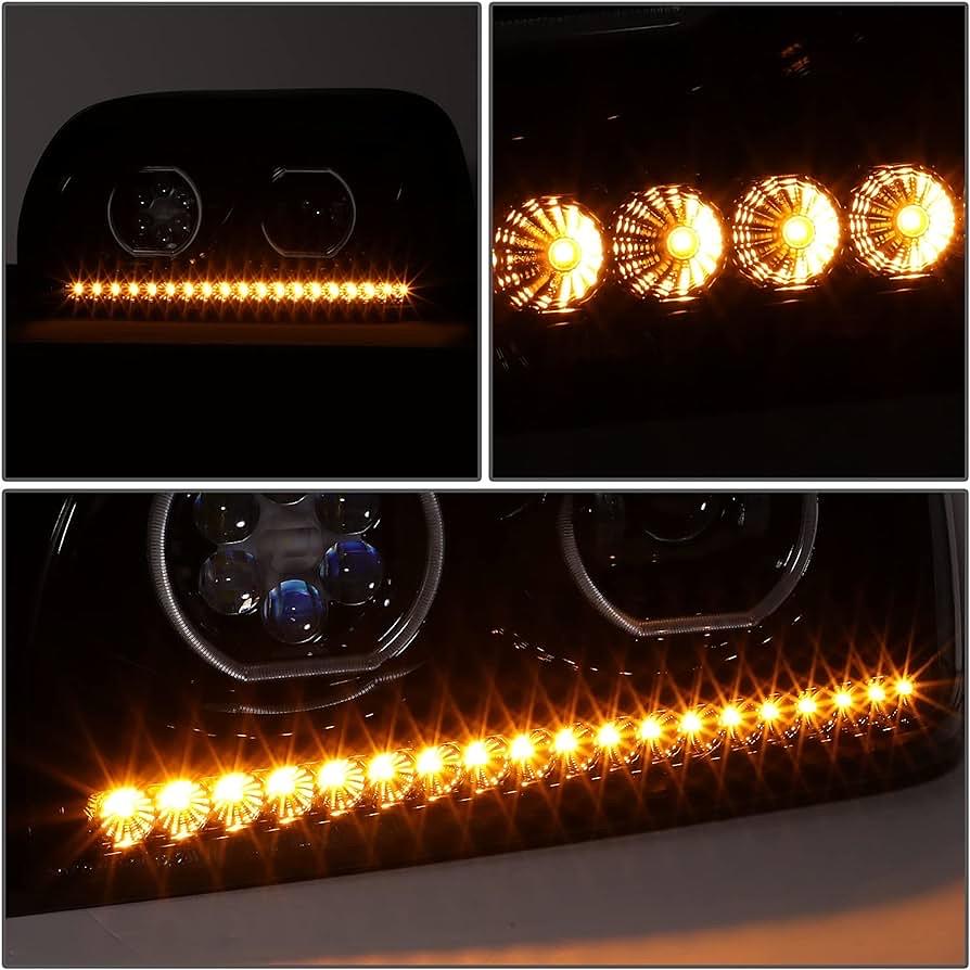 Black Amber Sequential Chase Turn Signal Headlights w/Dual LED Halo DRL Compatible with 96-10 Freightliner Century, Left & Right Side