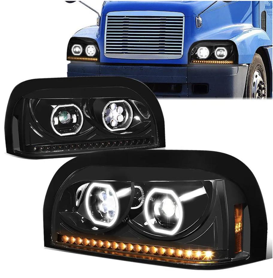 Black Amber Sequential Chase Turn Signal Headlights w/Dual LED Halo DRL Compatible with 96-10 Freightliner Century, Left & Right Side