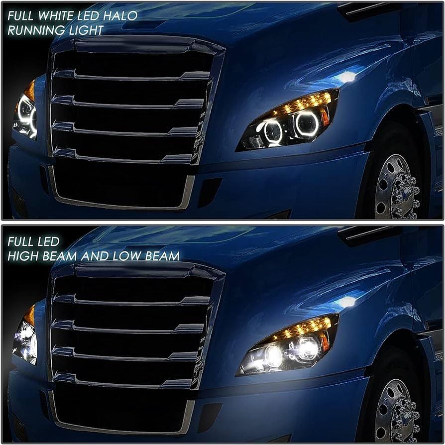 Pair of Full-LED Dual Halo DRL Headlights Gattling Style Projector Low/High Beam Compatible with 18-21 Freightliner Cascadia (New Body Style Only)
