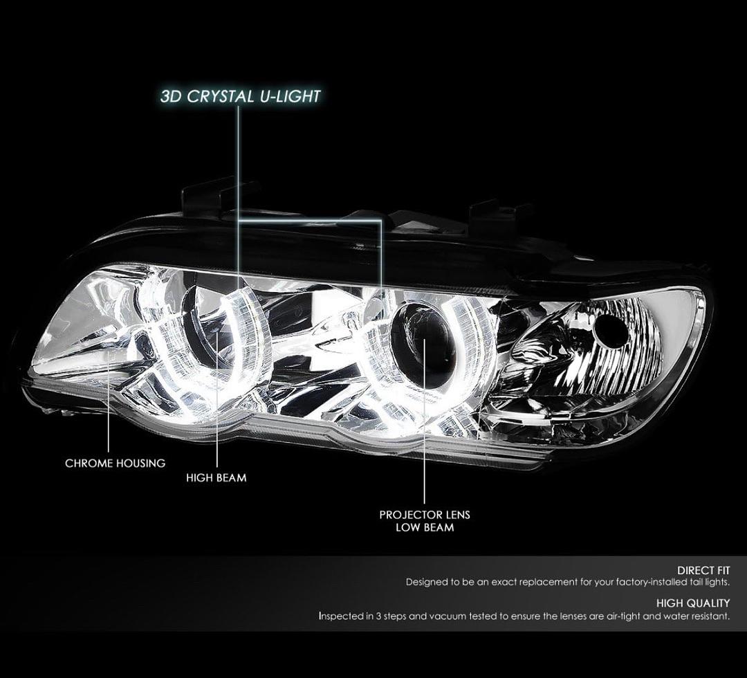 HL-3D-X500-CH Chrome Housing 3D LED U-Halo Projector Headlights Replacement Compatible with 00-03 X5