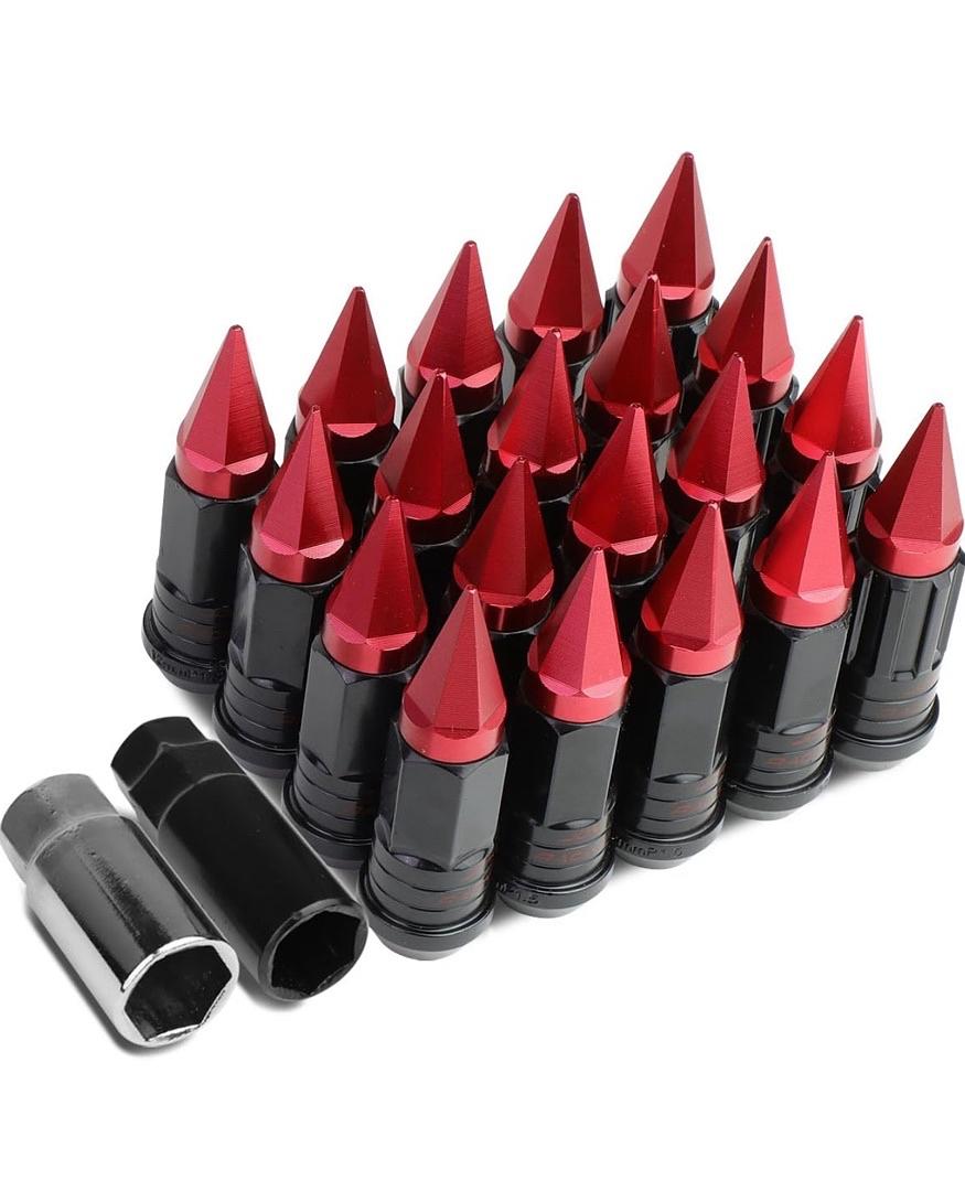 16Pcs M12 x 1.5 25mm OD/75mm Height Open End Style Wheel Lug Nuts + Lock Nut + Key + Extension Adapter, Red