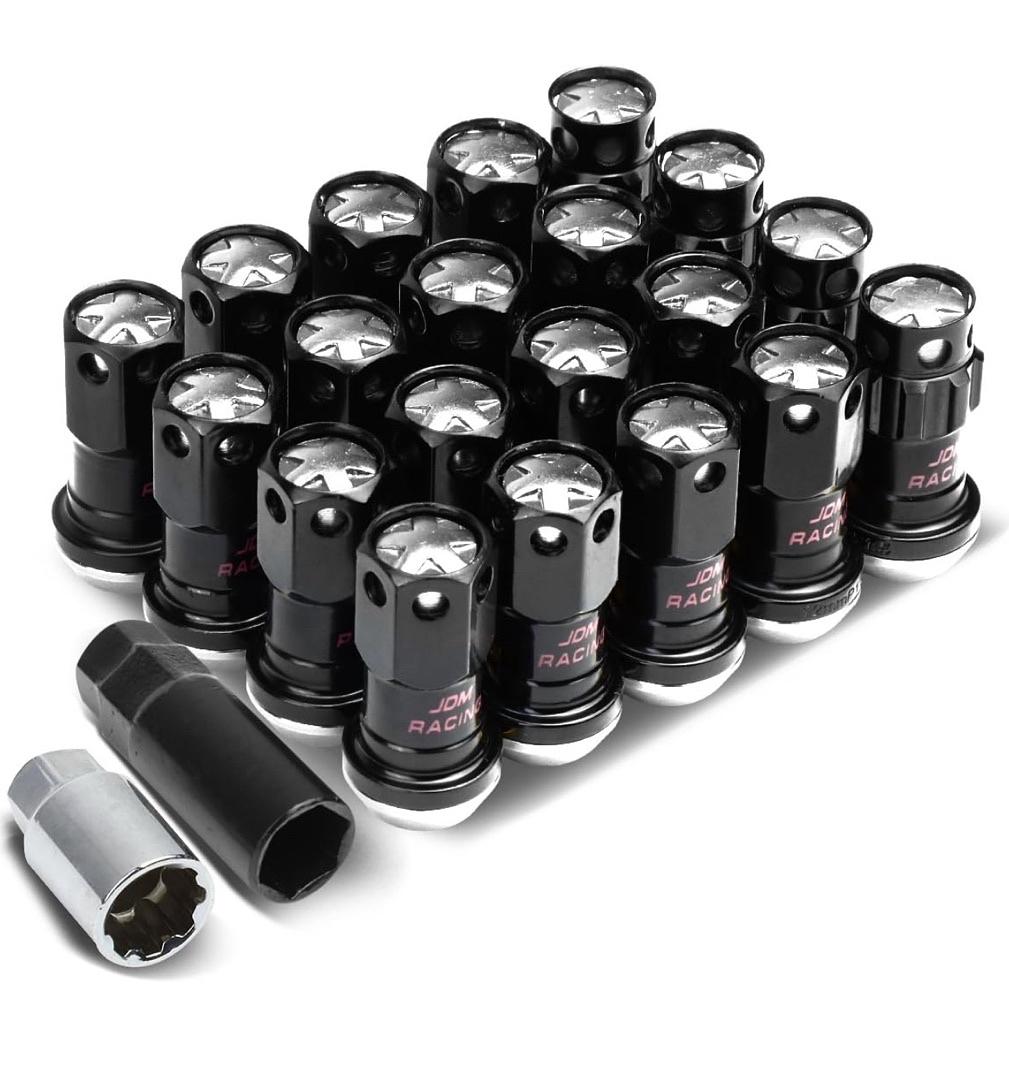 16Pcs M12 x 1.5 Closed End Wheel Lug Nuts + 4Pcs Lock Nuts + Key + Extension Adapter, 22mm OD/45mm Height, Silver Accents/Black Body