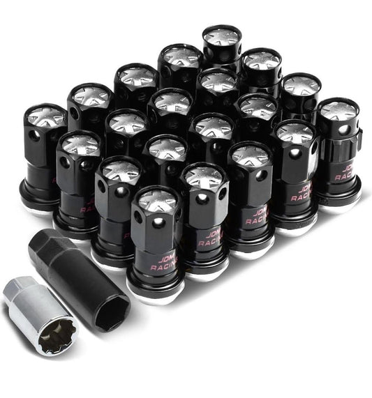 16Pcs M12 x 1.5 Closed End Wheel Lug Nuts + 4Pcs Lock Nuts + Key + Extension Adapter, 22mm OD/45mm Height, Silver Accents/Black Body