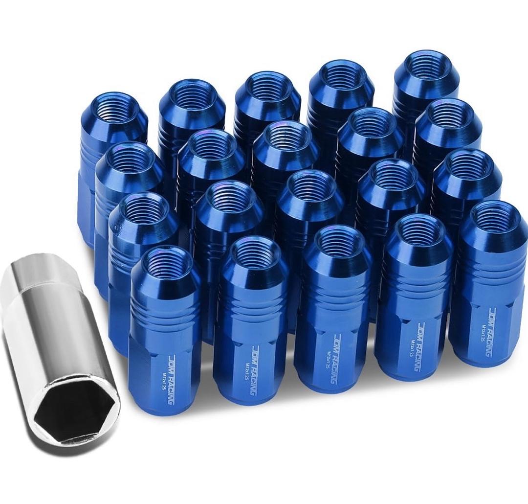 20Pcs Closed End Design M12 x 1.25 Aluminum Alloy Wheel Lug Nuts + Deep Drive Extension Adapter, 20mm OD/50mm Height (Blue)