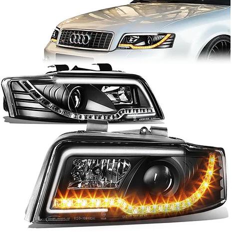 02-05 A4/ A4 Quattro B6 Black Housing, LED Turn Signal Projector Headlights