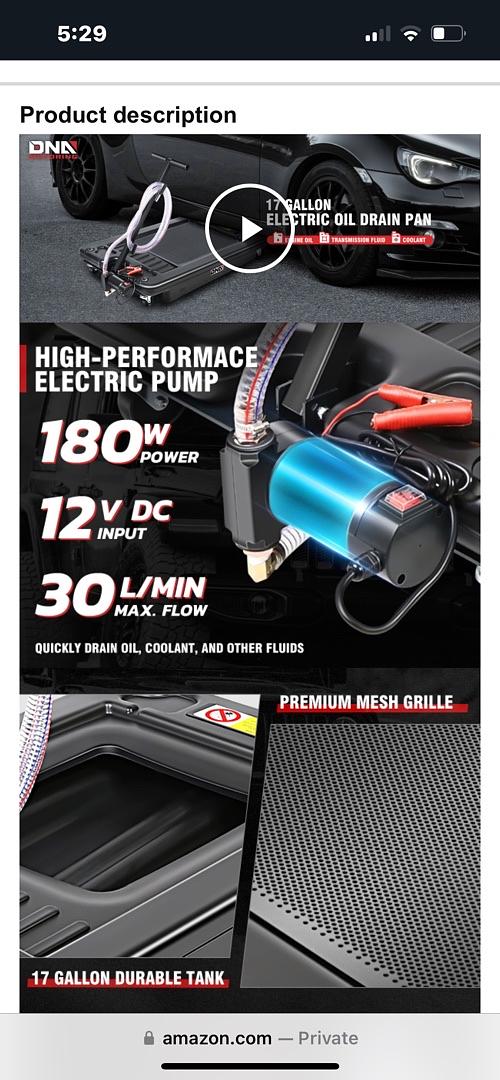 17 Gallon Electric Oil Drain Pan with Pump, Evacuation Hose, T-Handle, Low Profile for Trucks Buses RVs