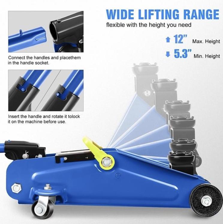 Low Profile Hydraulic Trolley Service/Floor Jack, 2 Ton (4000 lbs) Capacity, Lifting Range 5.1"-13", Blue