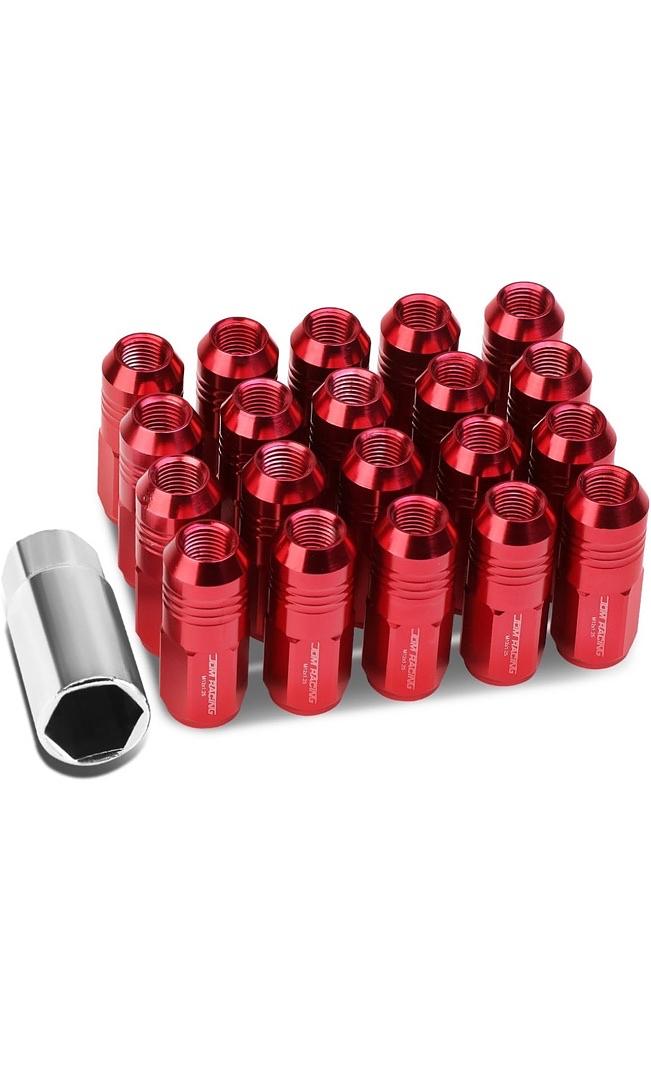 20Pcs Closed End Design M12 x 1.25 Aluminum Alloy Wheel Lug Nuts + Deep Drive Extension Adapter, 20mm OD/50mm Height (Red)