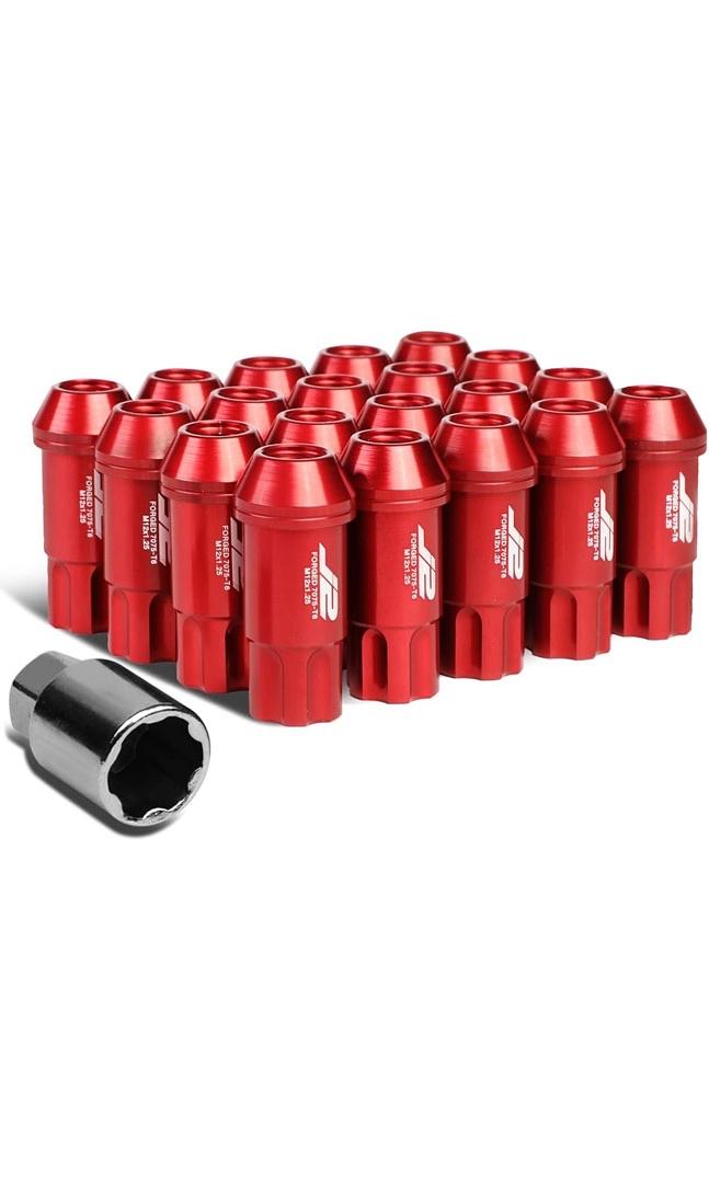 20Pcs M12 x 1.25 7075-T6 Aluminum 50mm Open-End Lug Nut w/Socket Key (Red)