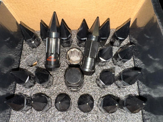 16Pcs M12 x 1.5 25mm OD/75mm Height Open End Style Wheel Lug Nuts + Lock Nut + Key + Extension Adapter Black