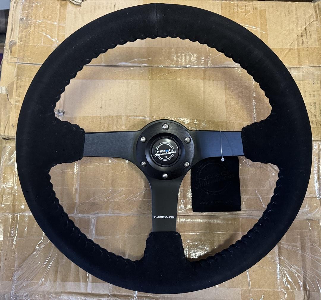 Reinforced Steering Wheel 3" Deep 5mm Matte Black Spoke 350mm Sport Steering Wheel Black Suede With Black Baseball Stitching