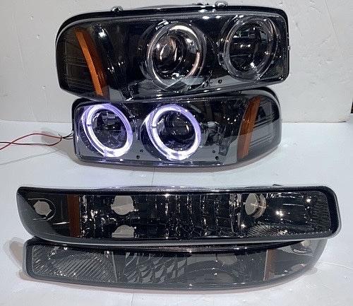 Smoke Lens Amber Dual LED Halo Rings Projector Headlights Replacement For 99-07 Sierra (TOP ONLY)