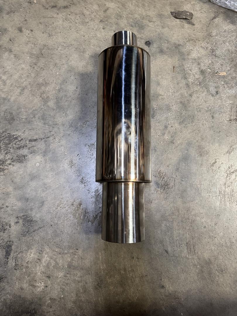 Stainless Steel Straight Through Exhaust Muffler Diagonal Cut Universal, 3" Outlet, 2" Inlet