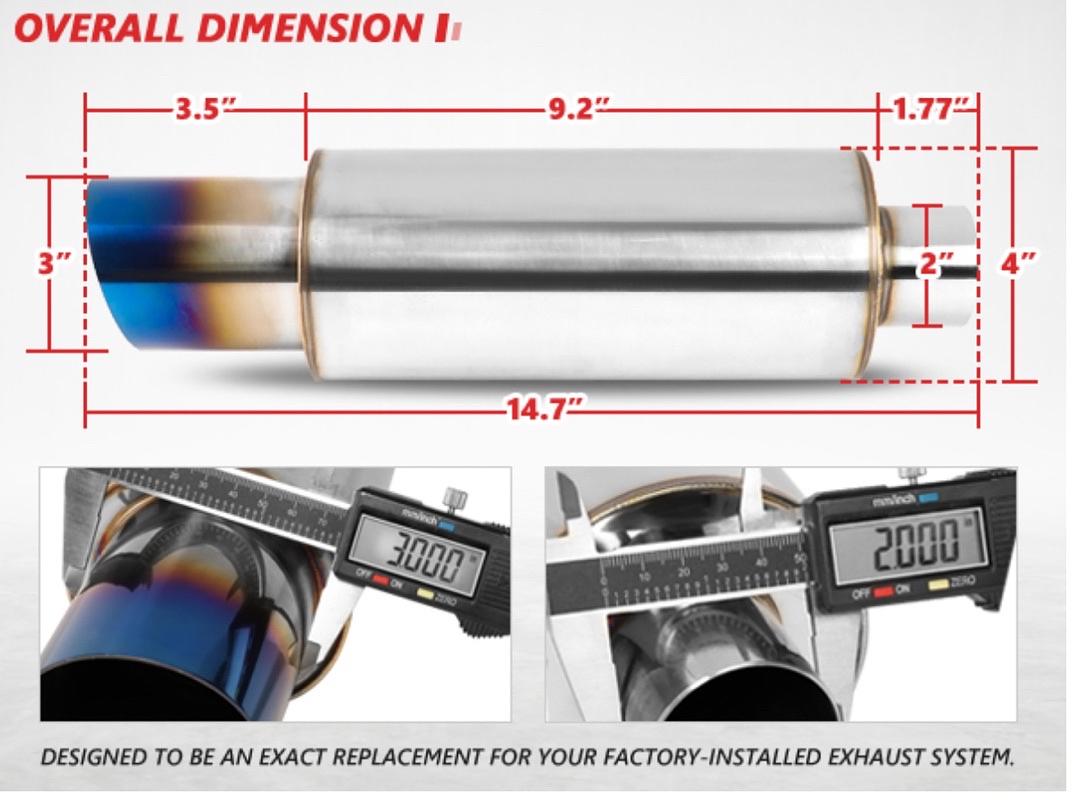 4" OD Stainless Steel Straight Through Exhaust Muffler Universal,3" Outlet, 2" Inlet,Diagonal Cut