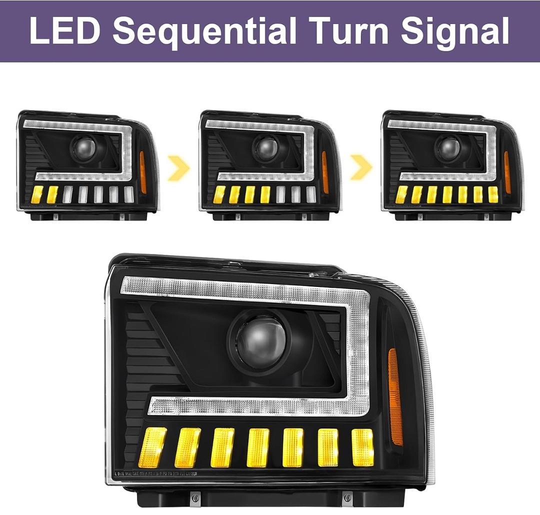 500% Brighter LED Projector Sequential LED DRL Headlight Assembly Fit for 2005 2006 2007 05 06 07 Ford F250 F350 F450 F550 Super Duty/2005 Ford Excursion Black Housing Amber Reflector