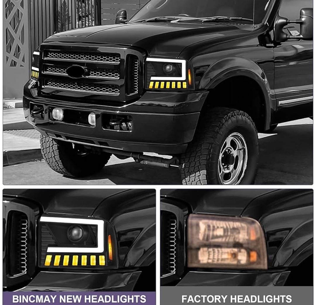 500% Brighter LED Projector Sequential LED DRL Headlight Assembly Fit for 2005 2006 2007 05 06 07 Ford F250 F350 F450 F550 Super Duty/2005 Ford Excursion Black Housing Amber Reflector