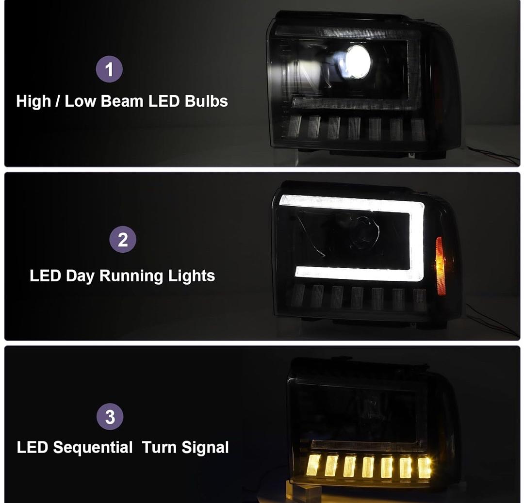 500% Brighter LED Projector Sequential LED DRL Headlight Assembly Fit for 2005 2006 2007 05 06 07 Ford F250 F350 F450 F550 Super Duty/2005 Ford Excursion Black Housing Amber Reflector
