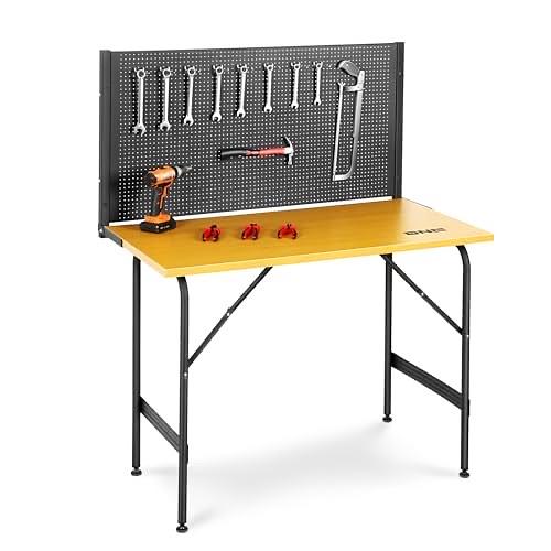 OB 46'' Heavy Duty Work Bench, Hardwood Workbench with Pegboard, Work Table for Garage, Woodworking Shop, Office, Home, w/ 20pcs Multifunctional Hooks, TOOLS-00457