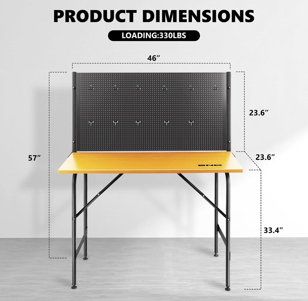 OB 46'' Heavy Duty Work Bench, Hardwood Workbench with Pegboard, Work Table for Garage, Woodworking Shop, Office, Home, w/ 20pcs Multifunctional Hooks, TOOLS-00457