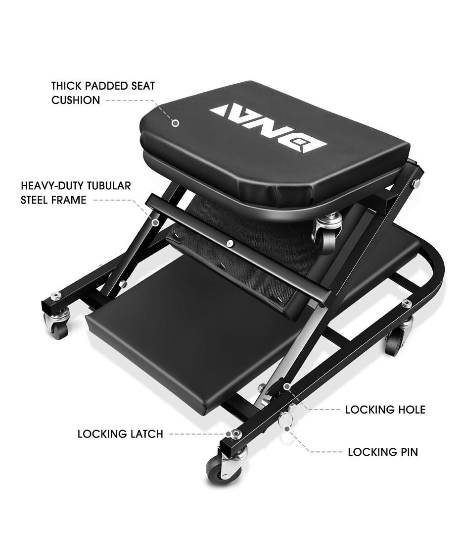 DNA MOTORING 40 Inches Folding 2 in 1 Rolling Z Creeper, Adjustable Roller Garage Chair Lay Down or Sit, 6 Pcs 2" Casters, 150kg Weight Capacity, Black, TOOLS-00494