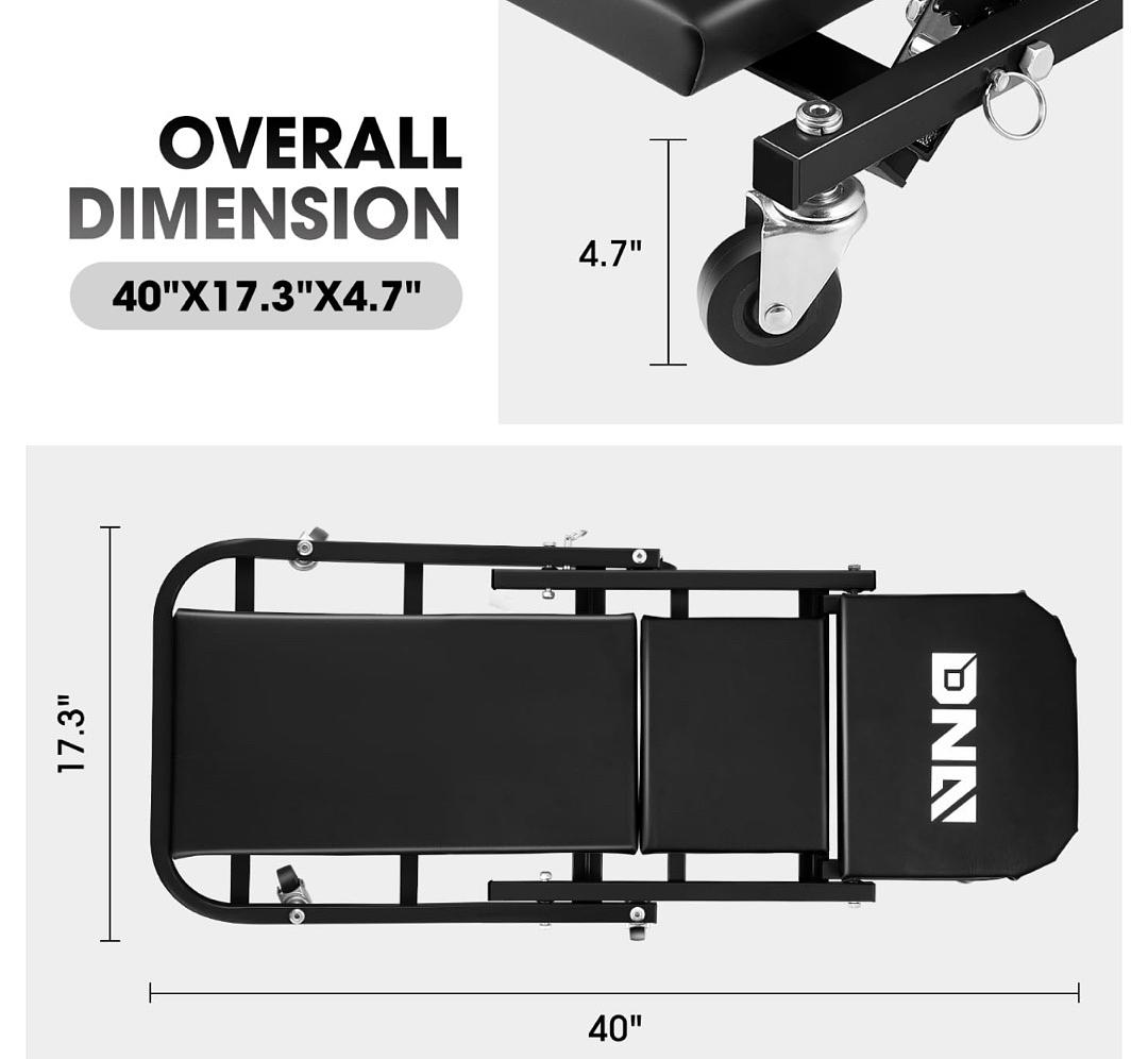 DNA MOTORING 40 Inches Folding 2 in 1 Rolling Z Creeper, Adjustable Roller Garage Chair Lay Down or Sit, 6 Pcs 2" Casters, 150kg Weight Capacity, Black, TOOLS-00494