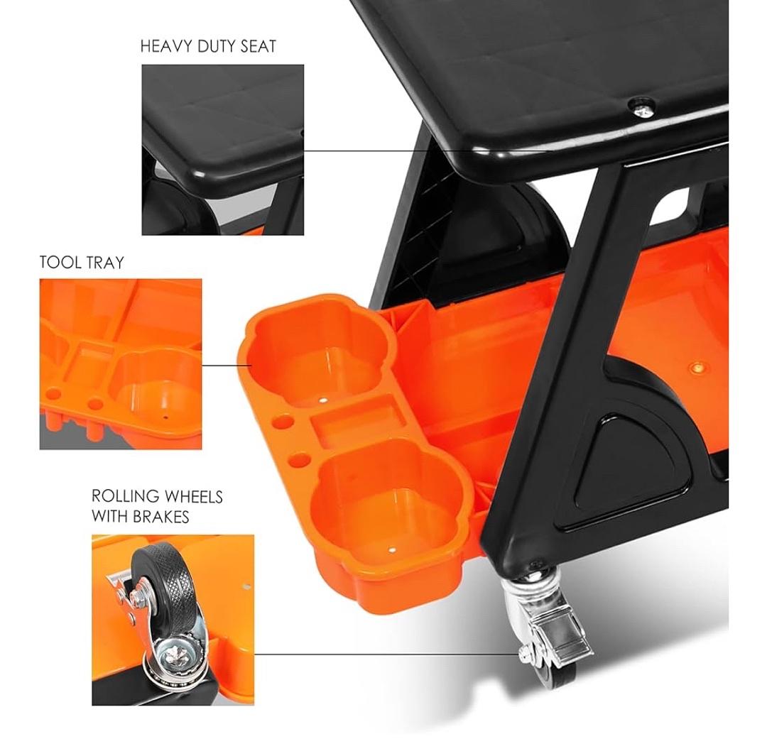 Mechanic Stool - 23" x 13.5" x 10.5" (L x H x W), Rolling Work Seat w/Lockable Swivel Wheels and Storage Tool Tray
