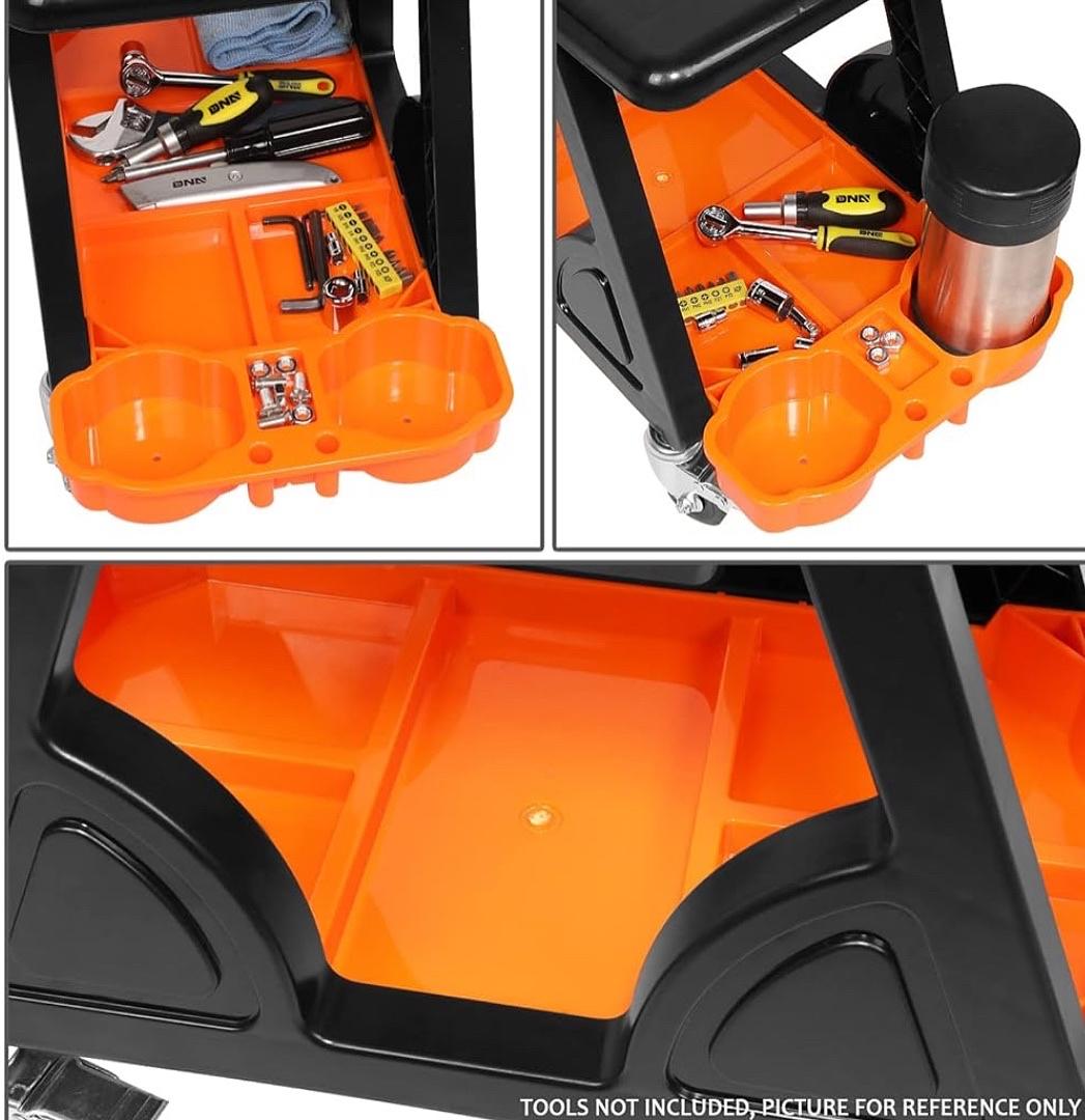 Mechanic Stool - 23" x 13.5" x 10.5" (L x H x W), Rolling Work Seat w/Lockable Swivel Wheels and Storage Tool Tray