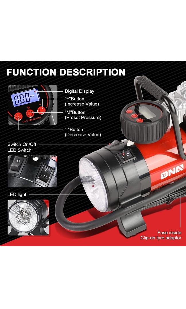 12 V 125 PSI LED Flash Light Air Pump Portable Air Compressor Inflator for Cars, Bikes and Balls