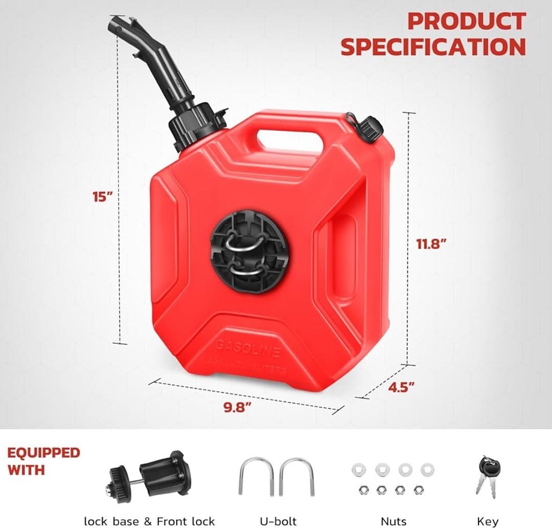 1.3 Gallon Gas Tank, 5L Fuel Oil Can for Motorbike, ATV, Off Road with Mounting, Lock, Red