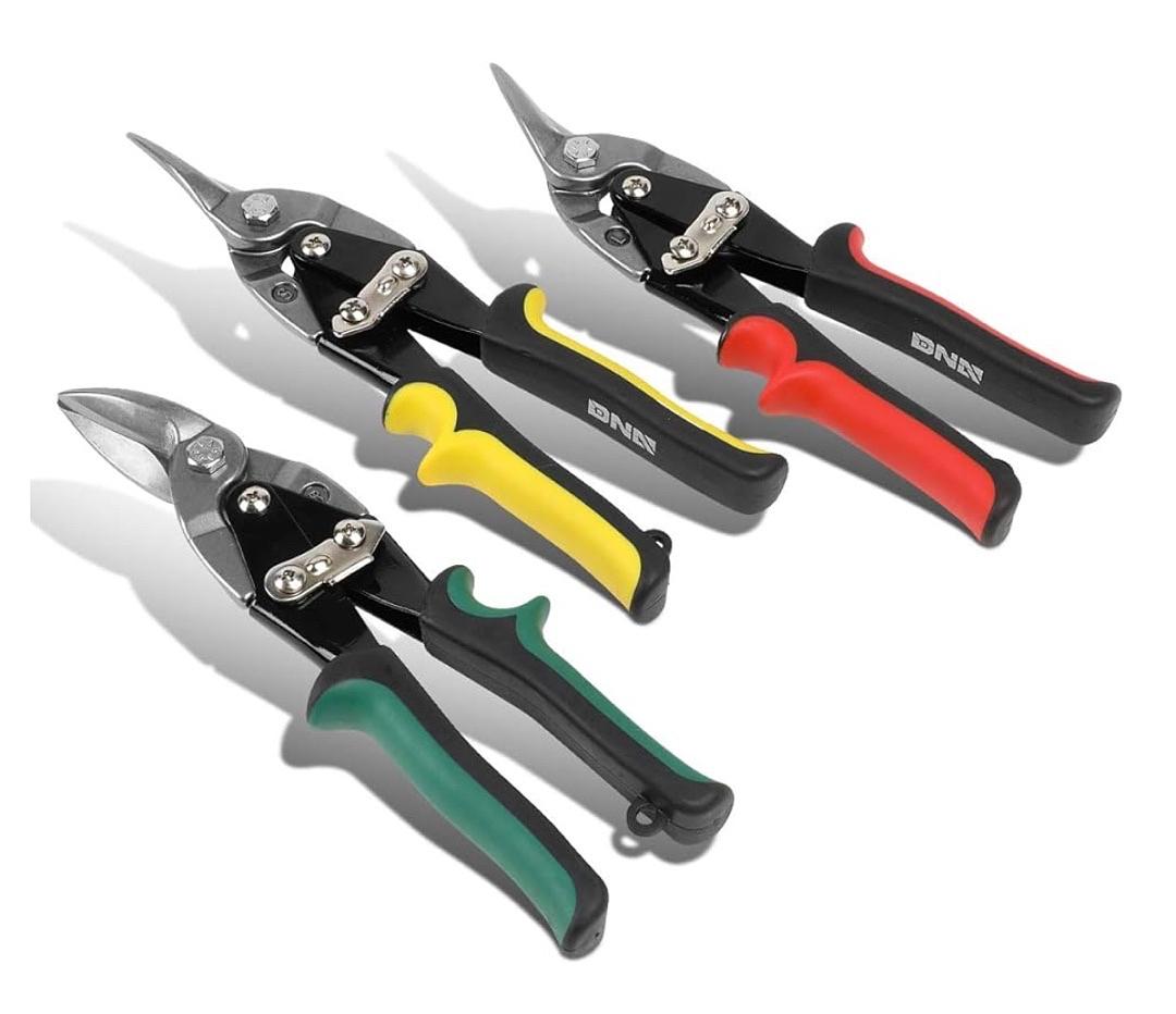 3 Piece Aviation Tin Snip Tool Set, 10" Serrated Jaws, Includes Straight, Left, and Right Cut, Heavy Duty High Carbon Alloy Steel, Multipurpose, 1 Set, Multicolor