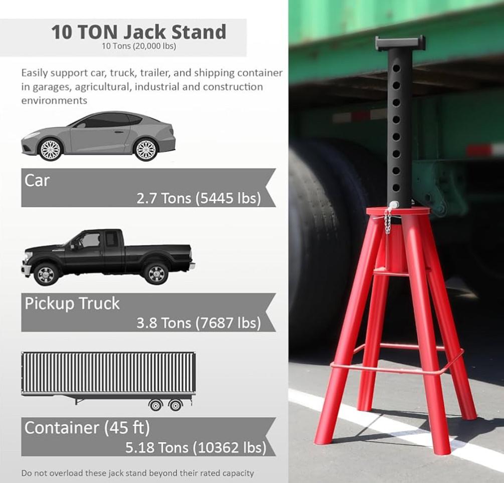 10T Pin-Type Jack Stands Heavy Duty Steel 10 Ton (20,000 lbs) Capacity,Adjustable Height 28"-47.5"