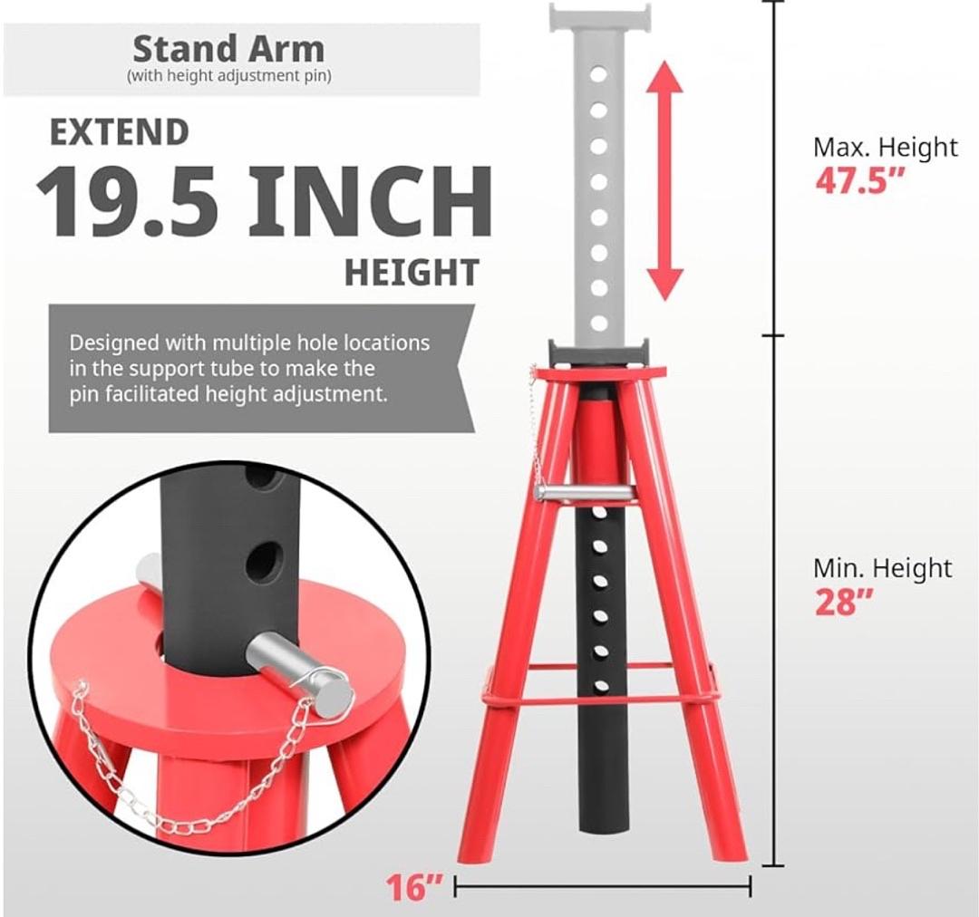 10T Pin-Type Jack Stands Heavy Duty Steel 10 Ton (20,000 lbs) Capacity,Adjustable Height 28"-47.5"