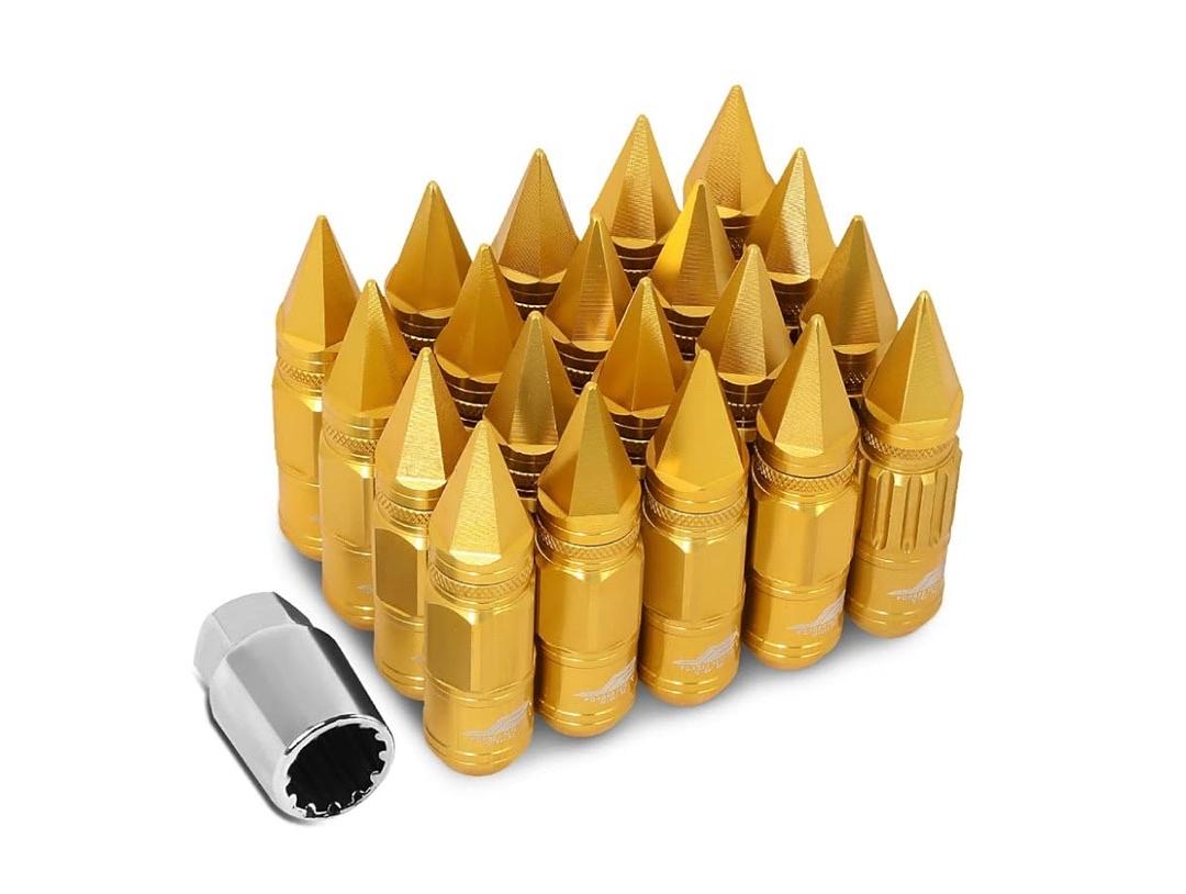 Aluminum Gold M12 x 1.5 16Pcs L: 80mm Spiky Cap Lug Nut w/4Pcs Lock+Key