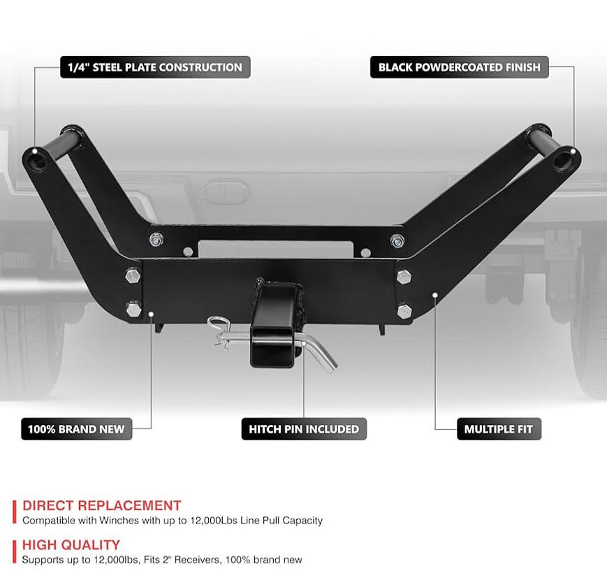 DNA MOTORING Cradle Winch Mount Mounting Plate Foldable for 2" Class IV Hitch Receivers, Up to 12,000Lbs Capacity, Powder Coated Steel, Tow-Mount