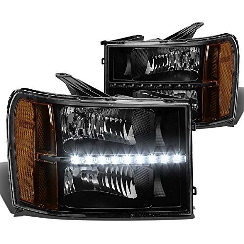 Black Housing Amber Corner Headlight with LED DRL Light Strip Compatible with 07-13 GMC Sierra 1500 2500 HD 3500 HD