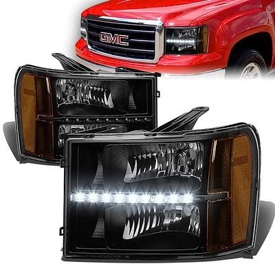Black Housing Amber Corner Headlight with LED DRL Light Strip Compatible with 07-13 GMC Sierra 1500 2500 HD 3500 HD
