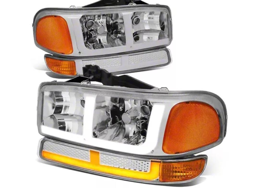 Chrome Housing amber Corner F-Shape LED Running Light Projector Headlights Compatible with 99-06 Sierra 1500/01-06 Sierra 1500 HD, NOT Fit Denali / C3 Trims