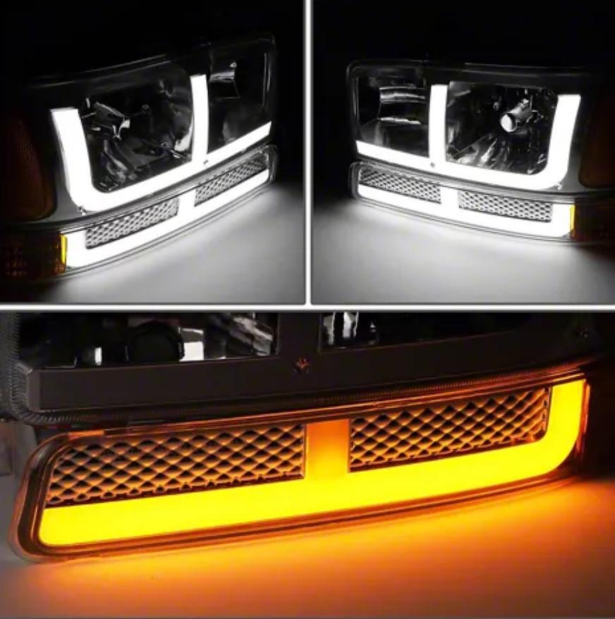 Chrome Housing amber Corner F-Shape LED Running Light Projector Headlights Compatible with 99-06 Sierra 1500/01-06 Sierra 1500 HD, NOT Fit Denali / C3 Trims