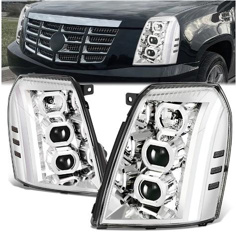 Pair of Headlights Clear Lens/Clear Reflector Halogen/LED Compatible With Escalade 2007-2014 / Escalade ESV 2007-2014
